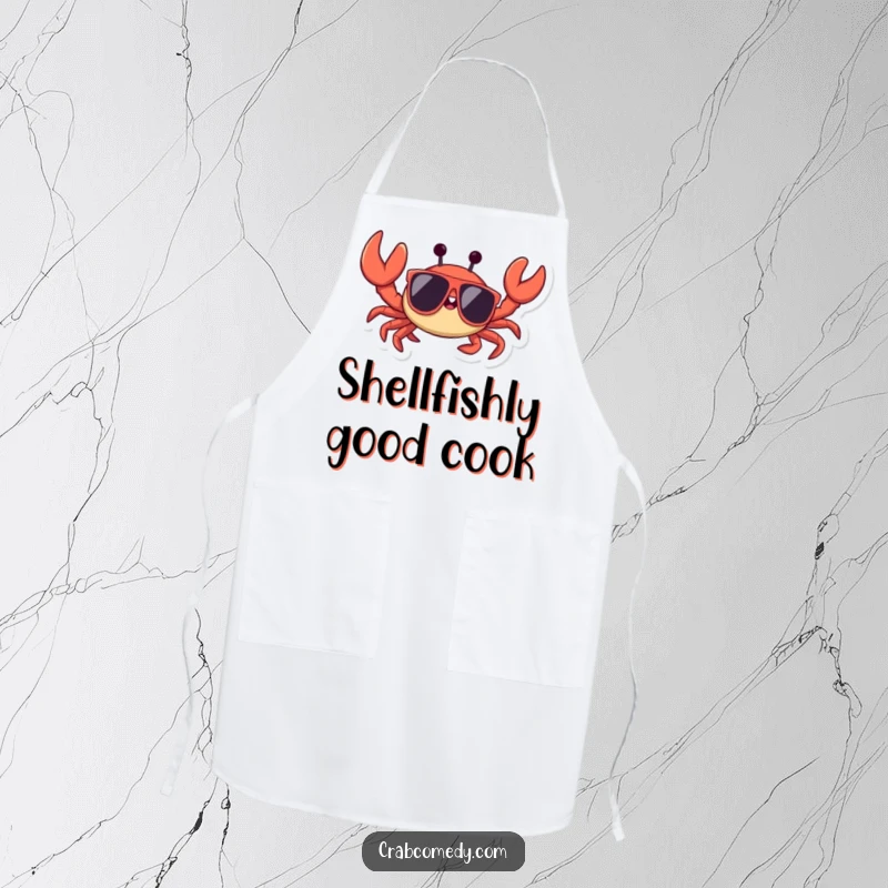 Funny crab sporting cool sunglasses and waving a claw, protecting your clothes with this kitchen apron.