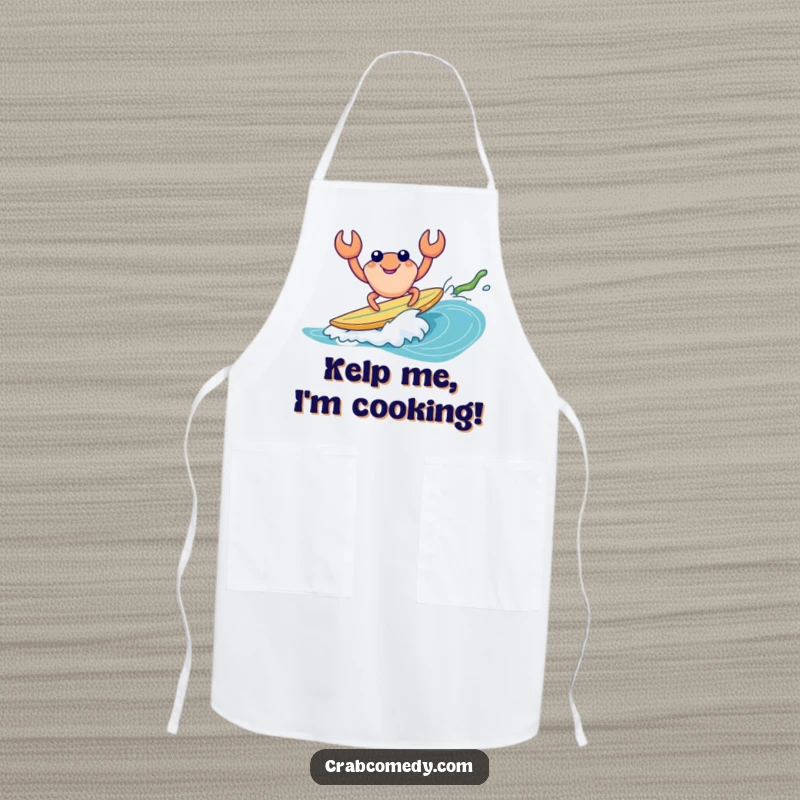 Funny apron for cooking with a crab surfing kelp, adding humor and beach flair.