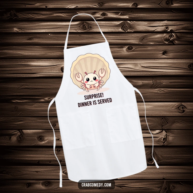 Funny baby crab peeking from behind a large seashell, on a cute kitchen apron.