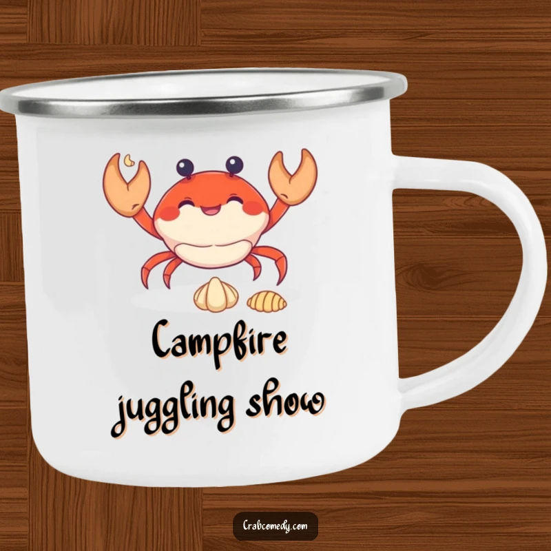Funny crab juggling three small seashells, on a sturdy camping mug for outdoor fun.
