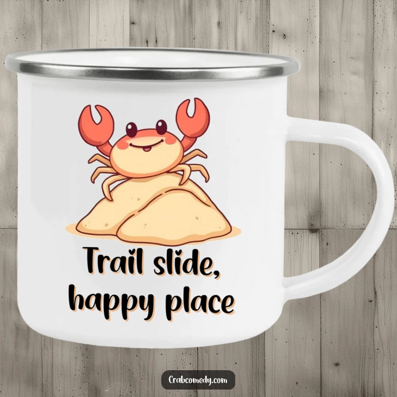 Funny crab sliding down a sand dune on its shell, on a sturdy camping mug.