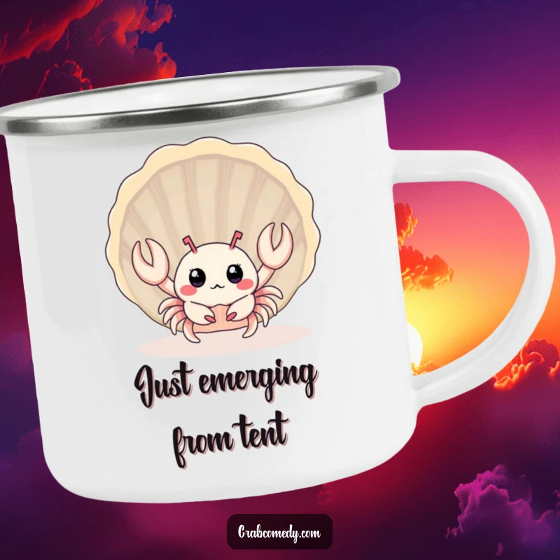 Funny surprised baby crab peeking from behind a large seashell, on a sturdy camping mug.