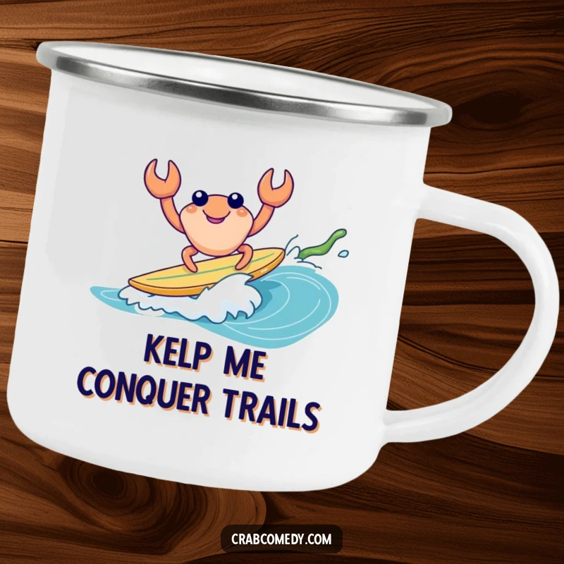 Funny enamel camping mug featuring a crab surfing a piece of kelp, ideal for outdoor use.