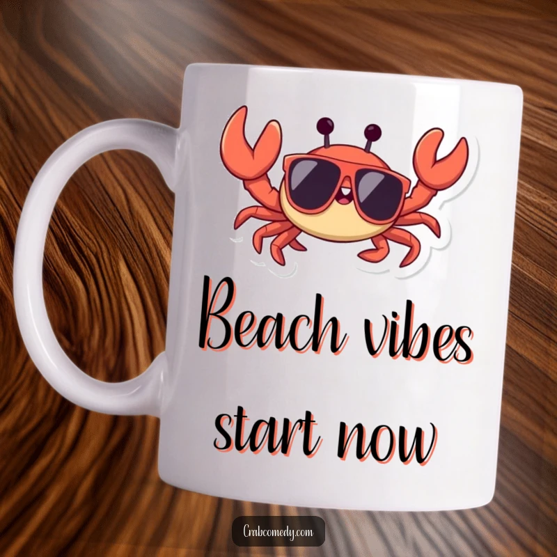Funny crab wearing cool sunglasses, happily waving a claw on a mug, ready for a good time.