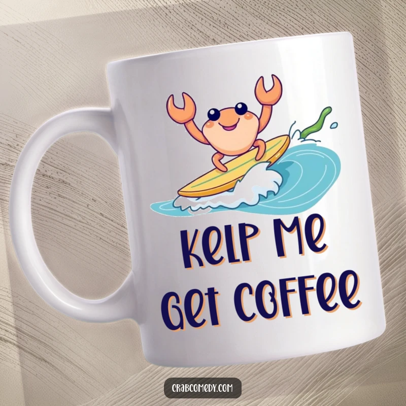 Funny crab character surfing a small wave on a piece of kelp, cheerful beach design.