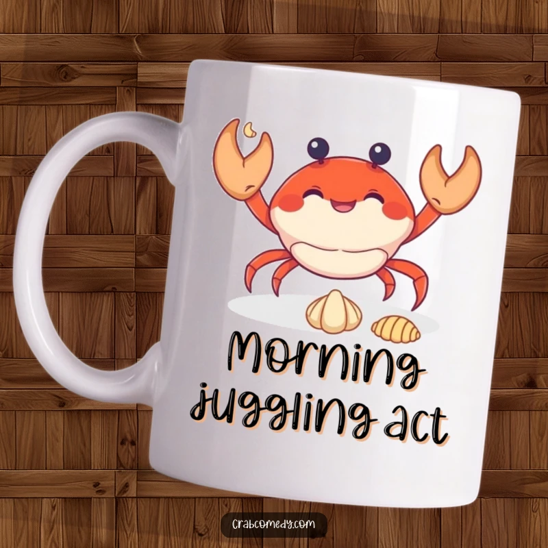 Funny, cheerful crab expertly juggling three tiny seashells on a unique coffee mug.