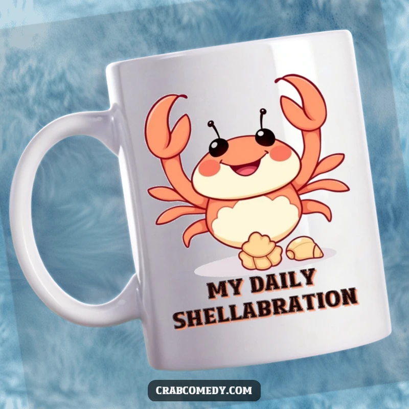Funny crab juggling seashells with a happy expression, perfect for a beach-themed gift mug.