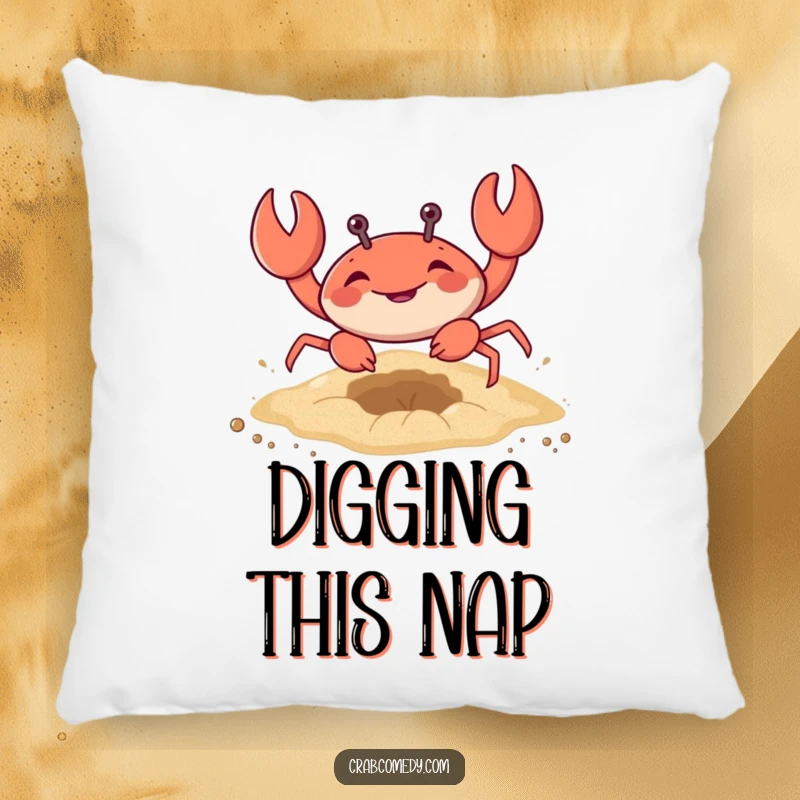 Funny decorative pillow with a crab digging in the sand, comfortable and humorous home accent.