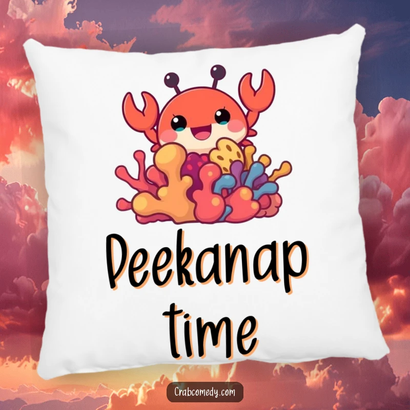 Funny decorative pillow with a crab peeking from coral, comfortable and humorous home accent.