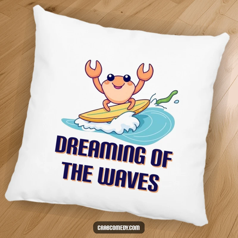 Funny decorative pillow featuring a crab surfing on kelp, comfortable and humorous beach accent.
