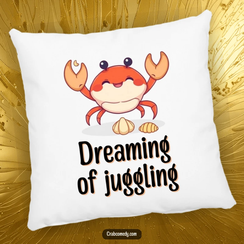 Funny crab juggling three tiny seashells, on a soft decorative pillow for couches.
