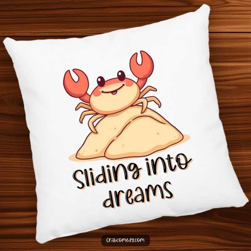 Funny, happy crab sliding down a miniature sand dune on its shell, on a soft pillow.