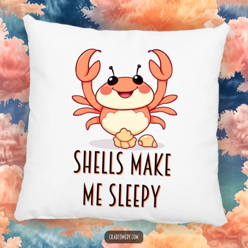 Funny decorative pillow with a happy crab juggling seashells, comfortable and humorous home accent.