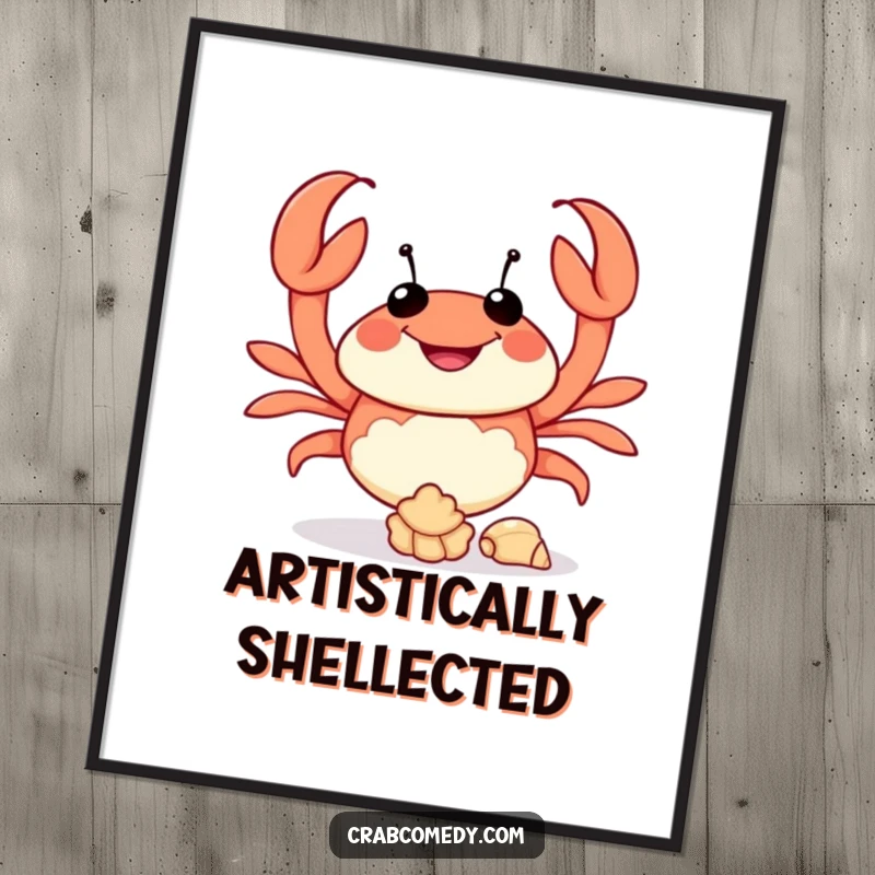 Funny digital art print of a happy crab juggling seashells, perfect for instant wall decor.