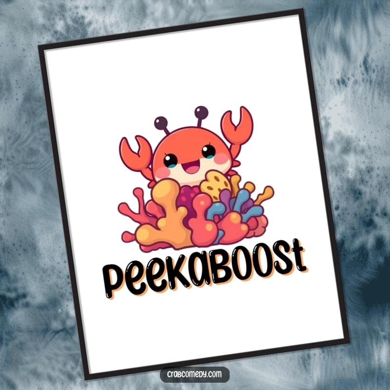 Funny digital art print of a crab peeking from colorful coral, perfect for instant decor.