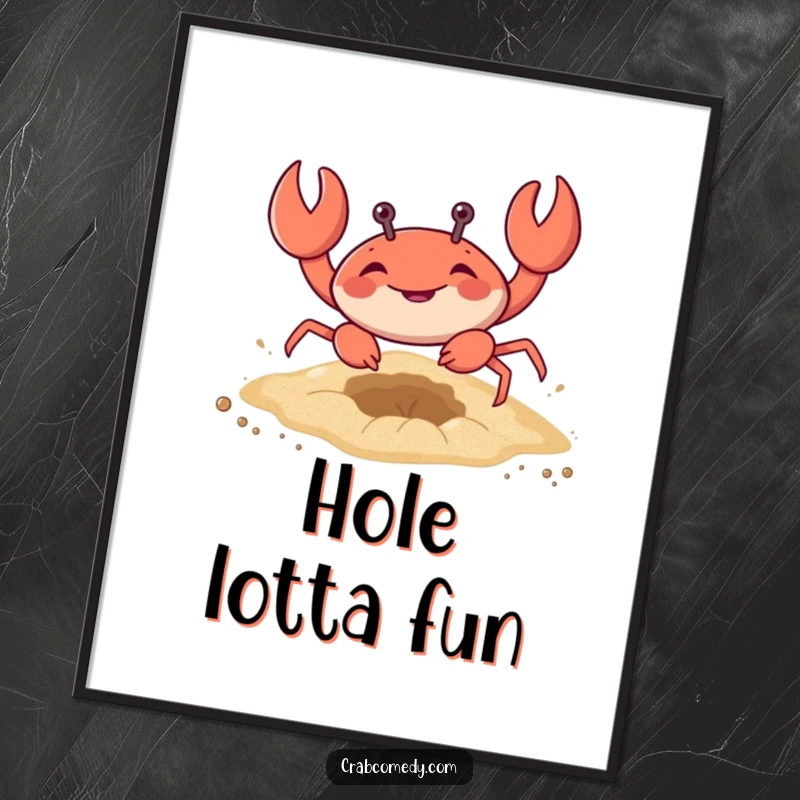 Funny digital art print of a crab digging a hole in the sand, perfect for instant decor.