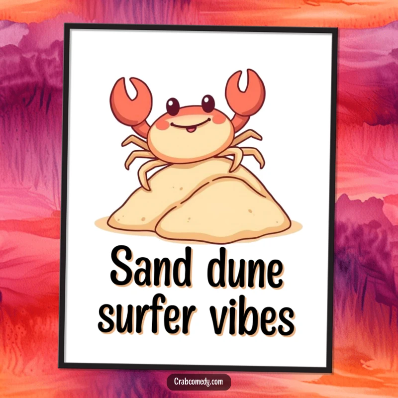 Funny, happy crab sliding down a miniature sand dune on its shell, as digital art.