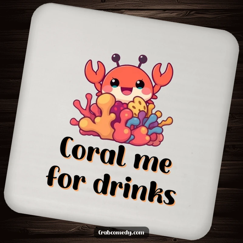 Funny drink coaster featuring a crab peeking from coral, protecting surfaces with humor.