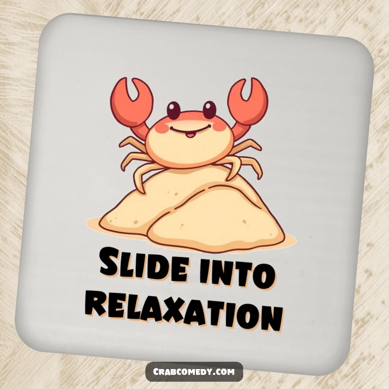 Funny crab sliding down a sand dune on its shell, protecting surfaces as a coaster.