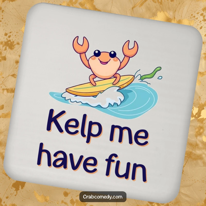 Funny drink coaster featuring a crab surfing on kelp, protecting surfaces with beach humor.
