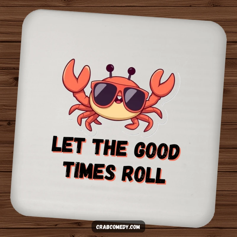 Funny crab wearing sunglasses, waving a claw, protecting furniture as a decorative drink coaster.