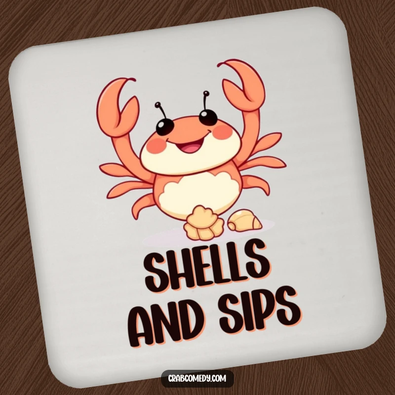 Funny drink coaster featuring a happy crab juggling seashells, protecting surfaces with humor.
