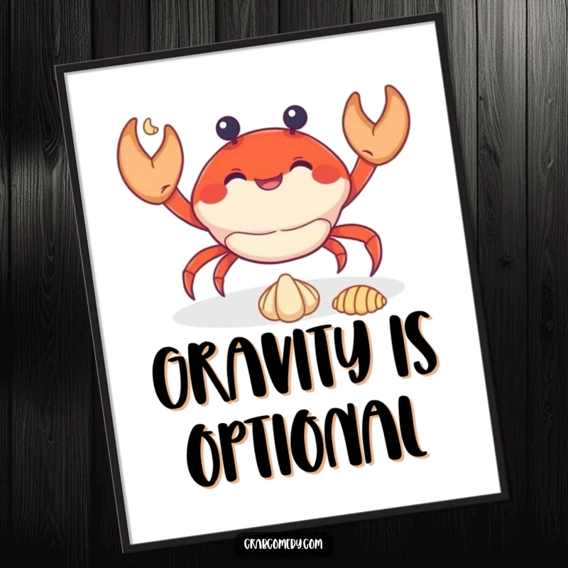 Funny crab skillfully juggling three tiny seashells, presented as a vibrant wall art print.