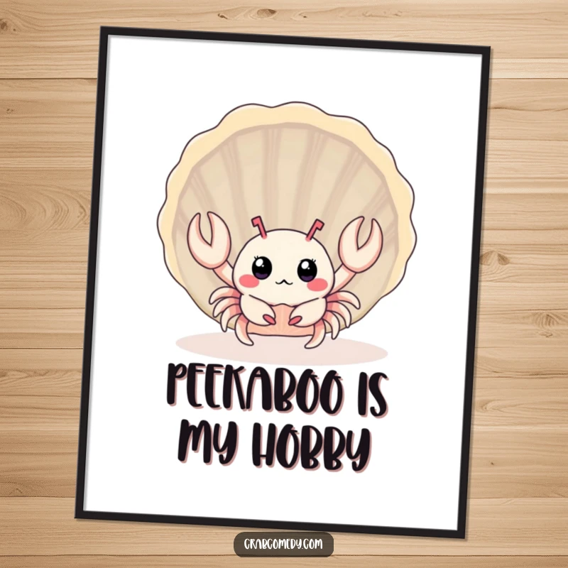 Funny, surprised baby crab peeking from behind a large seashell, as delightful wall art.