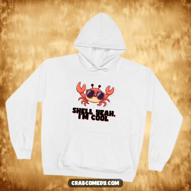 Funny, scuttling crab in oversized sunglasses waving a claw, printed on a soft, warm hoodie.