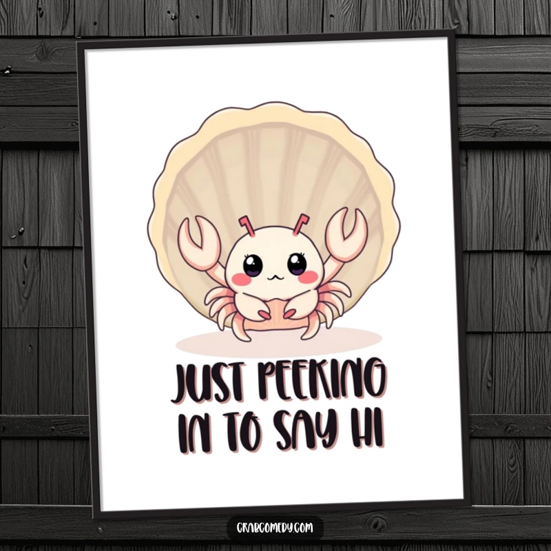 Funny Free Printable Wall Art: A surprised baby crab peeking from behind a seashell. Charming downloadable art.