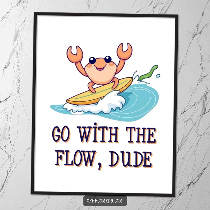 Funny Free Printable Wall Art: A cheerful crab character catching a wave while surfing on a piece of kelp.