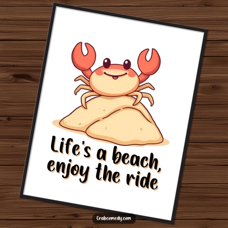 Funny Free Printable Wall Art: A happy crab slides down a miniature sand dune on its shell. Energetic downloadable art.