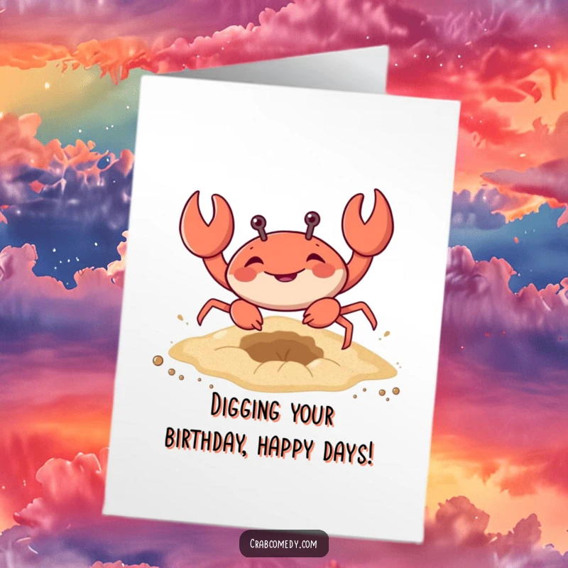 Funny Free Printable Birthday Card: A smiling crab character enthusiastically digging a hole in the sand.