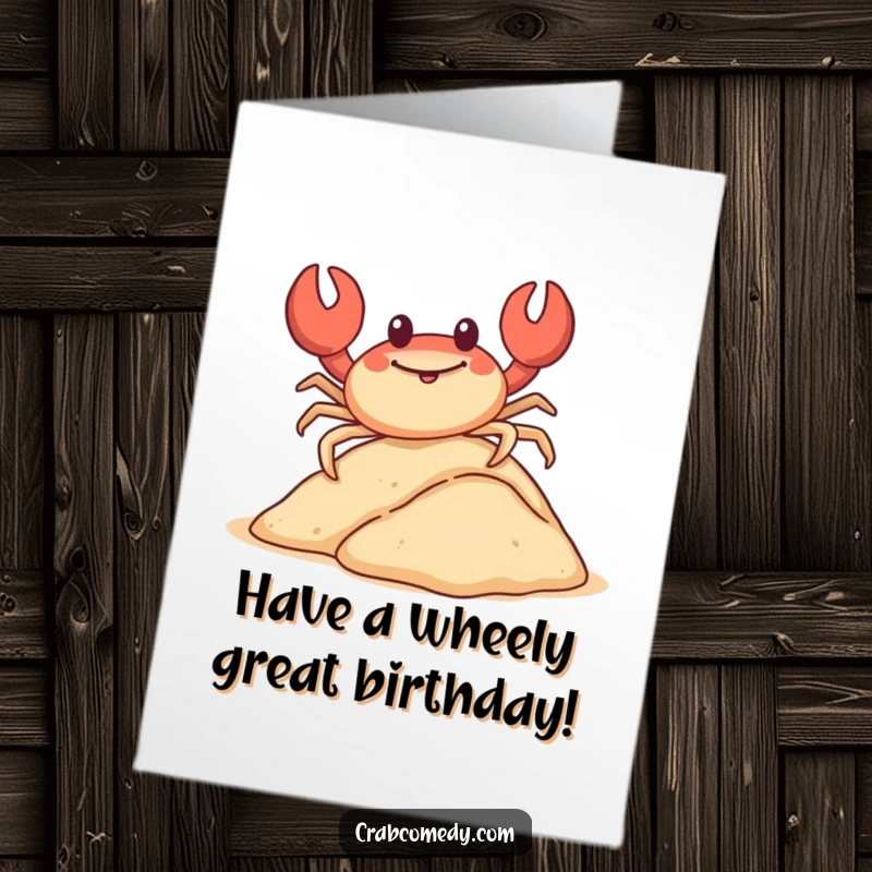 Funny Free Printable Birthday Card: A happy crab slides down a sand dune on its shell. Fun downloadable gift.