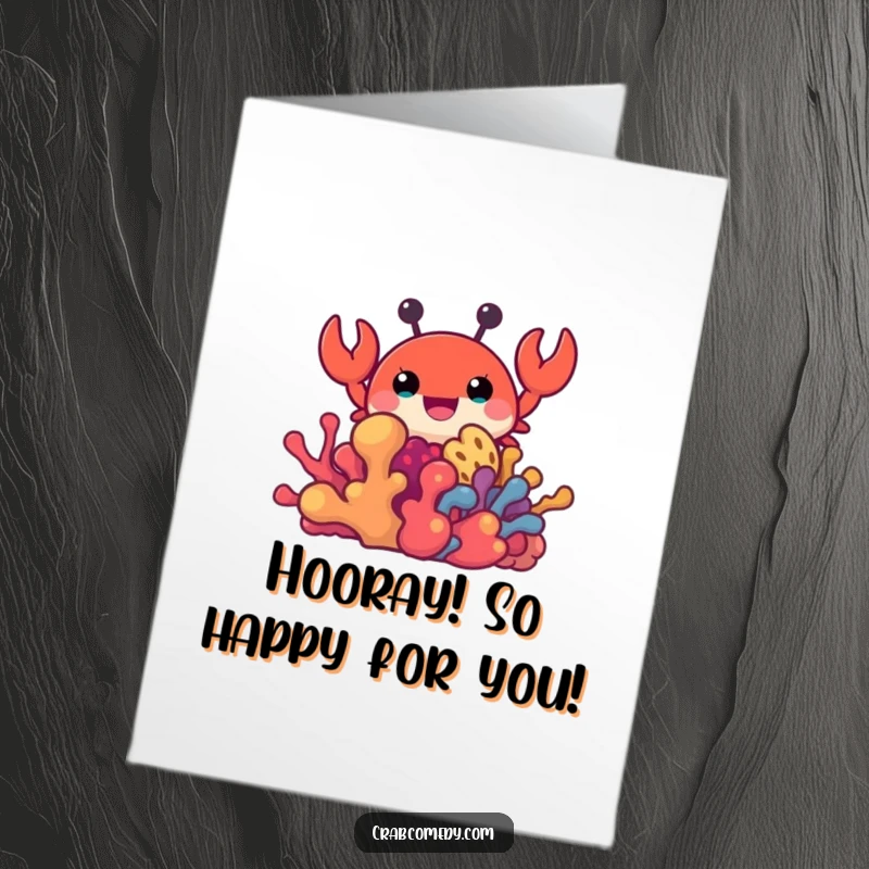 Funny Free Printable Congratulations Card: A joyful crab peeking from behind coral, celebrating your amazing accomplishment.
