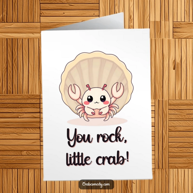 Funny Free Printable Congratulations Card: A baby crab peeks from behind a large seashell. Cute downloadable present.