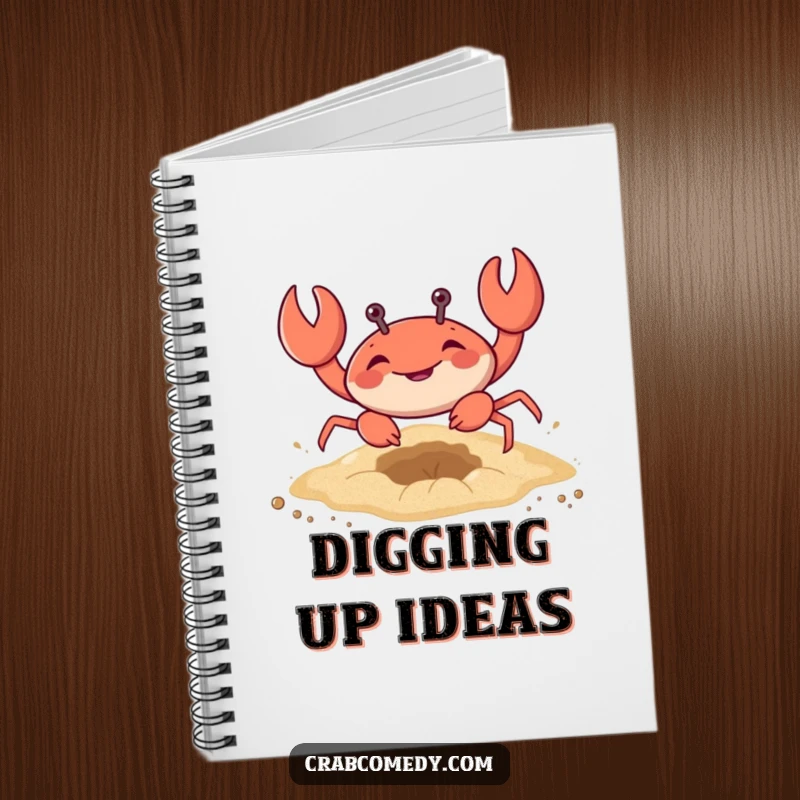 Funny notebook with a crab character digging a hole in the sand, ideal for notes.