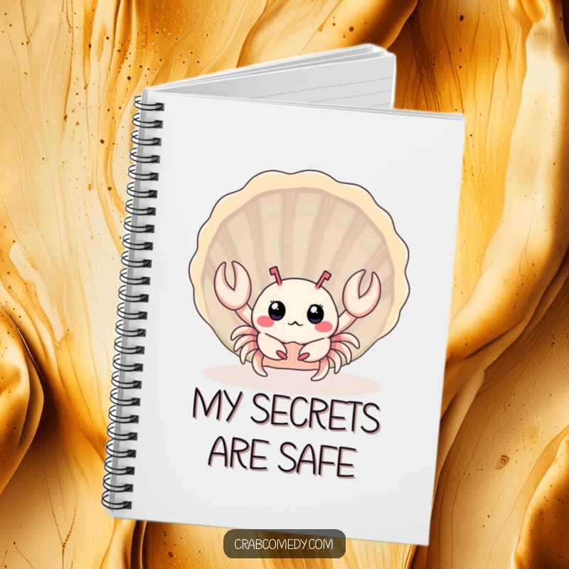 Funny baby crab peeking from behind a large seashell on the cover of a journal.