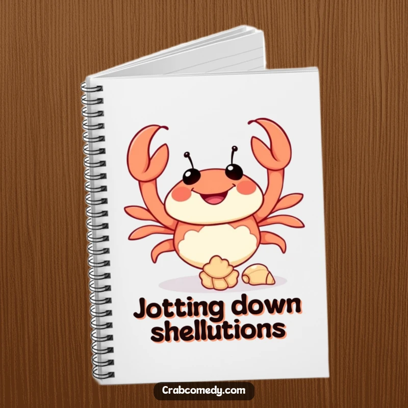 Funny notebook with a crab character juggling seashells, perfect for writing and doodling.