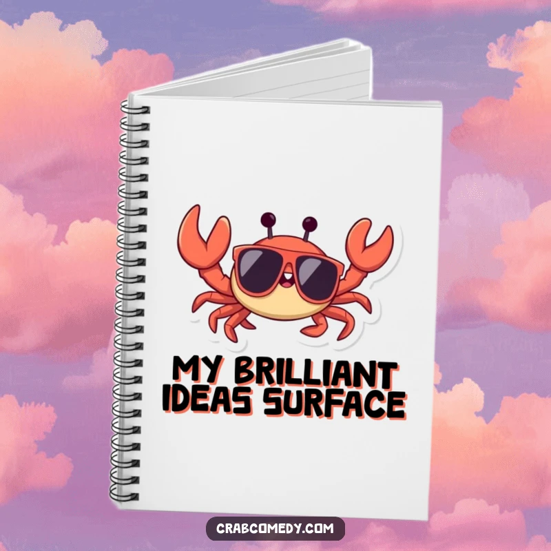 Funny crab wearing sunglasses, waving a claw, on the cover of a spiral-bound notebook.