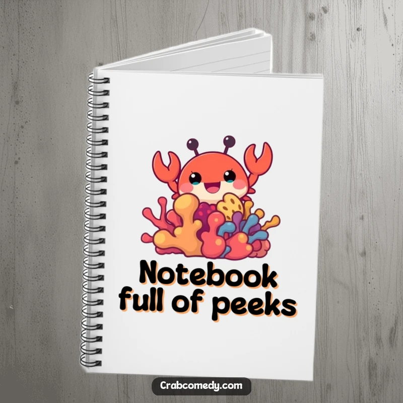 Funny notebook with a crab character peeking from coral, ideal for writing and creativity.
