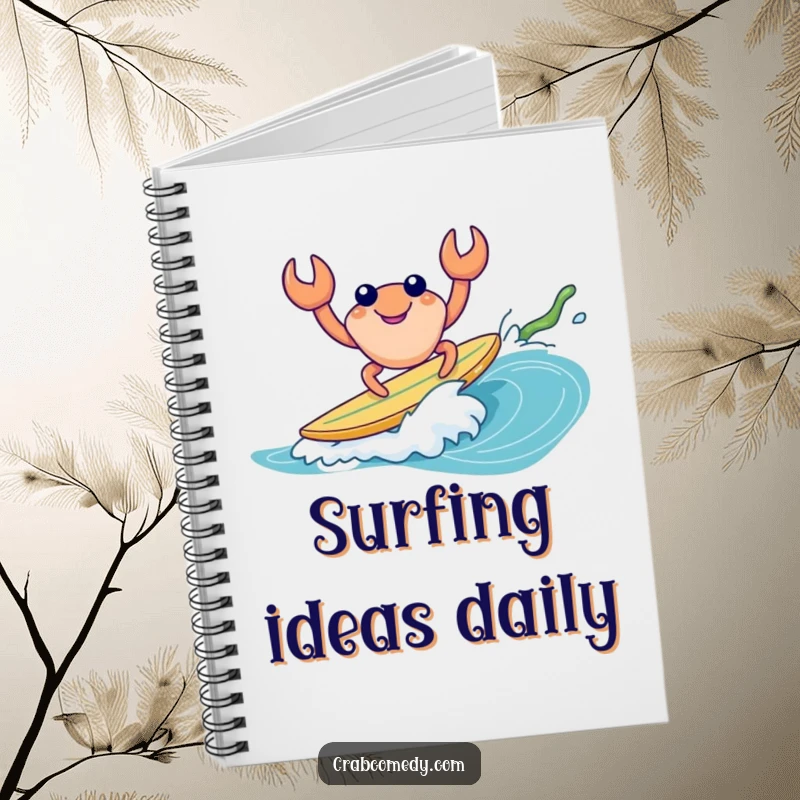 Funny notebook with a crab character surfing on a kelp wave, ideal for note-taking.