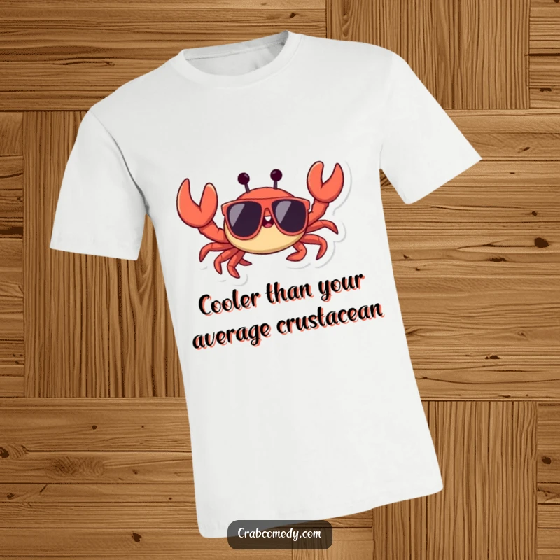 Funny crab sporting oversized sunglasses, with a cheerful claw wave, printed on a comfortable t-shirt.