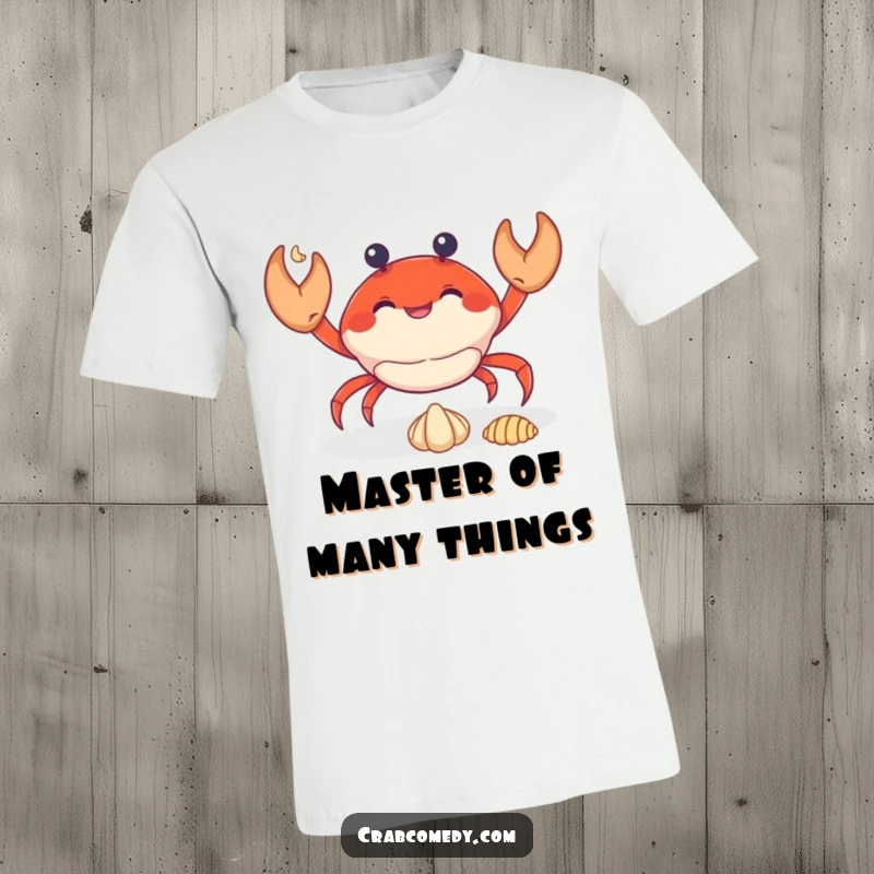 A cheerful crab is caught mid-act, juggling three small seashells on this funny t-shirt.