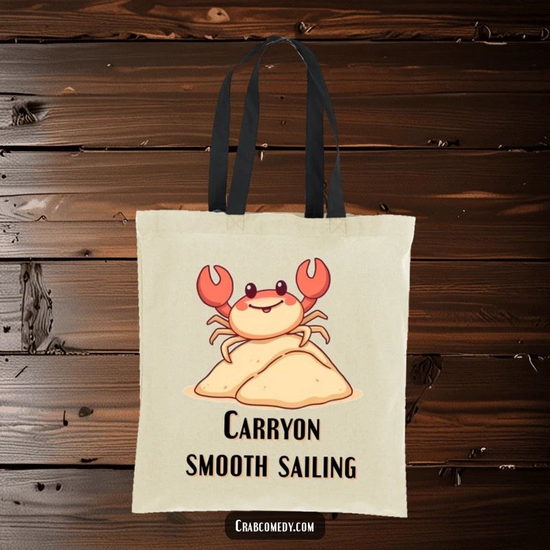 Funny crab sliding down a sand dune on its shell, featured on a durable tote bag.