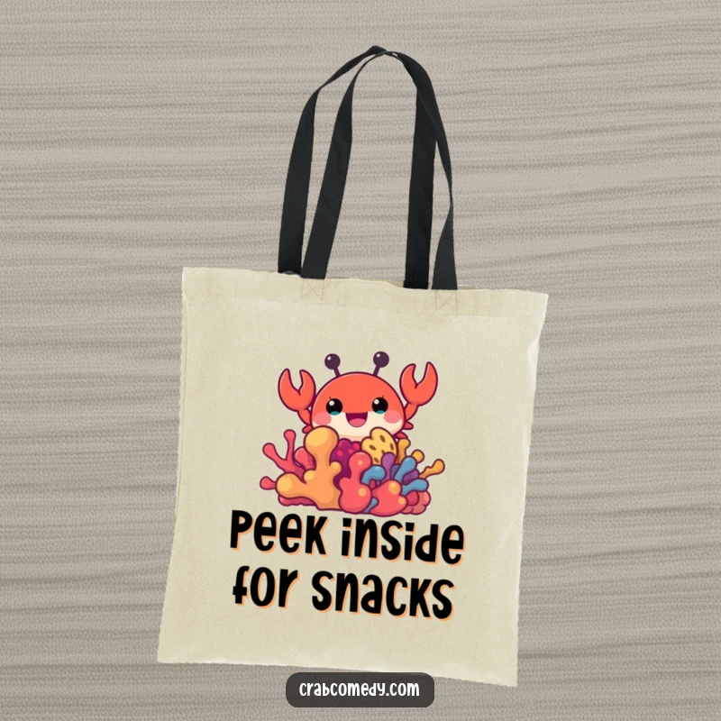 Funny tote bag with a joyful crab peeking from colorful coral, practical and humorous accessory.