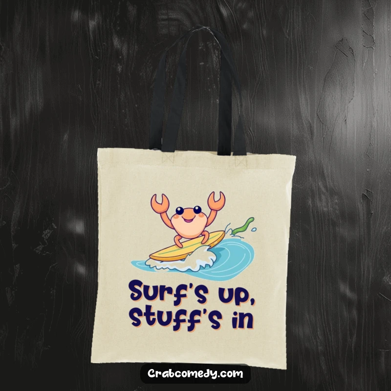 Funny tote bag with a cheerful crab surfing a kelp wave, practical and humorous beach accessory.